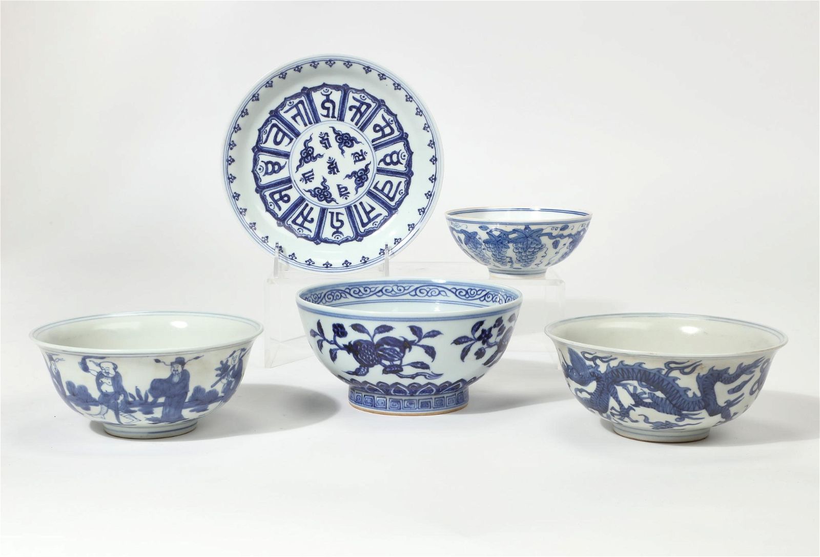 FIVE ASIAN BLUE AND WHITE PORCELAIN