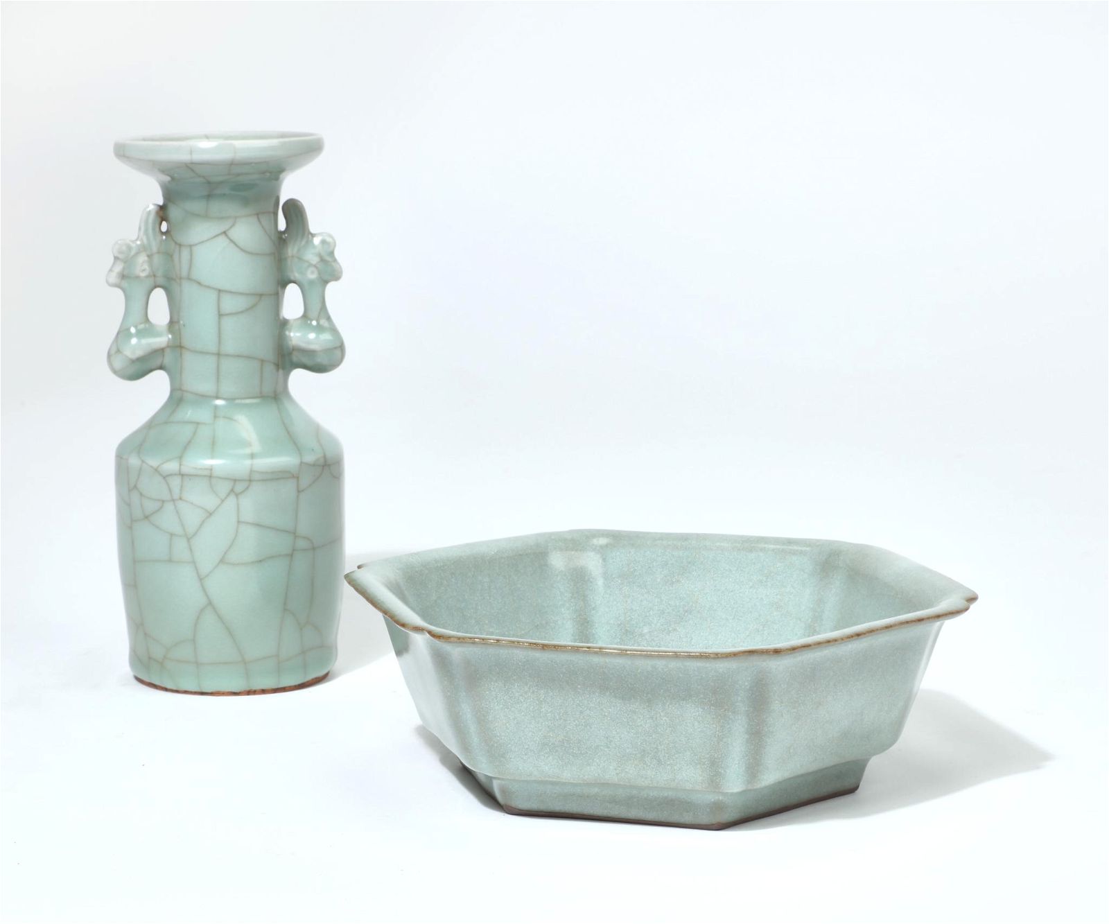 TWO CHINESE CELADON CRACKLE GLAZED