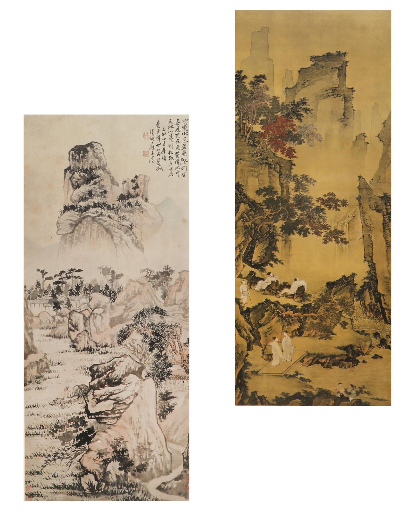 TWO FRAMED CHINESE LANDSCAPE SCROLL