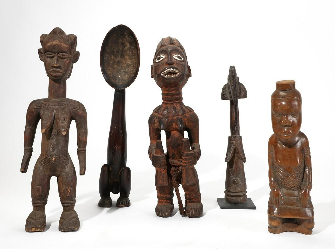 FIVE AFRICAN TRIBAL WOODEN FIGURES