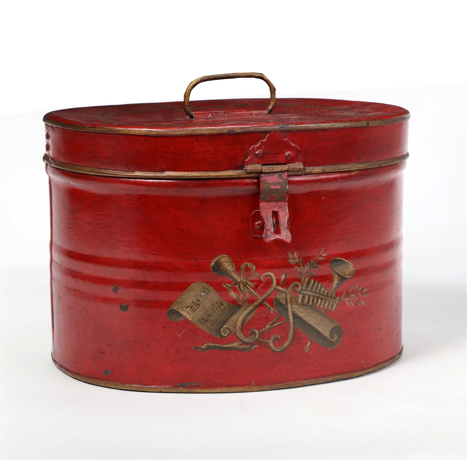 A FRENCH RED TOLE HAT BOX, 19TH
