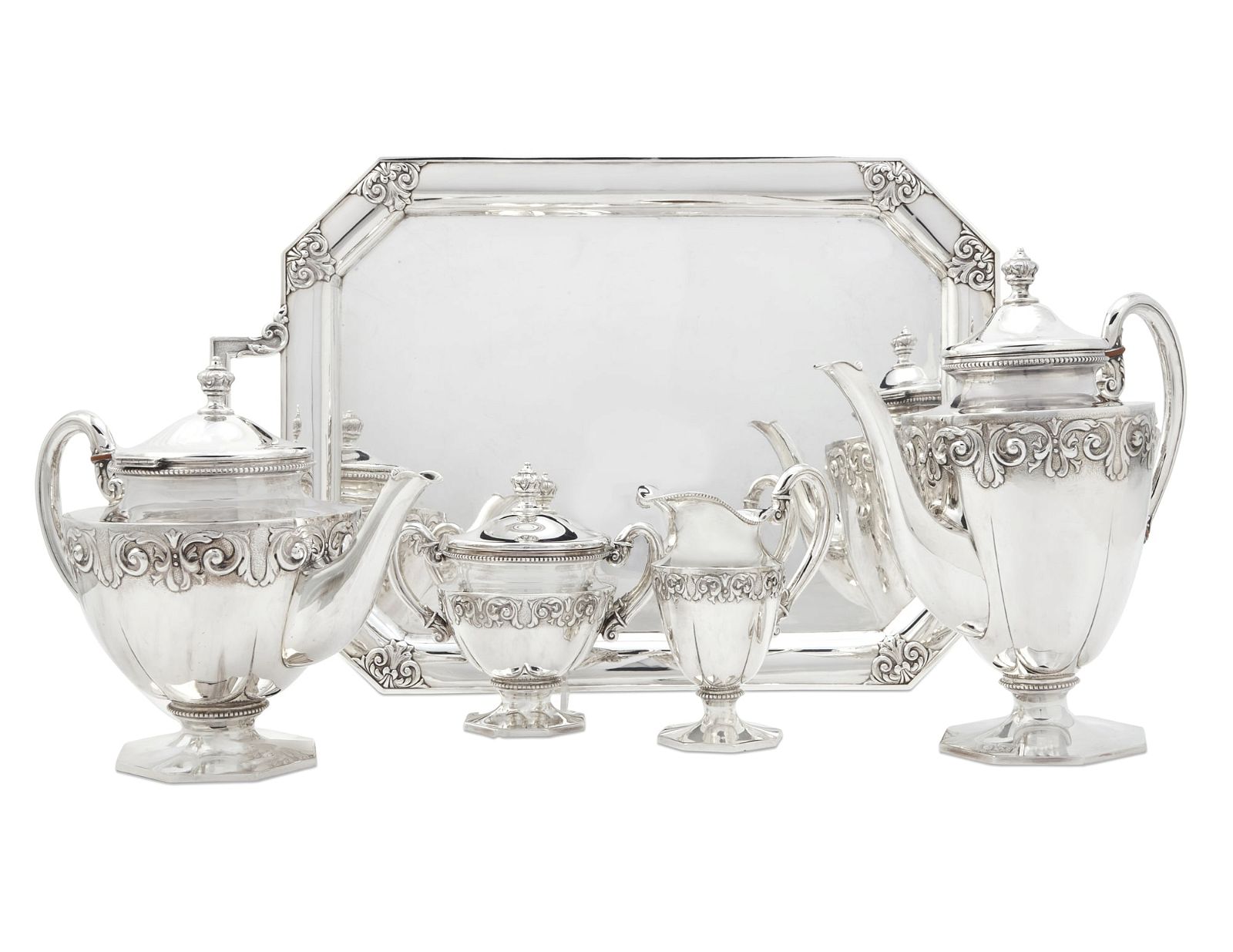 A FIVE PIECE GERMAN SILVER TEA AND COFFEE