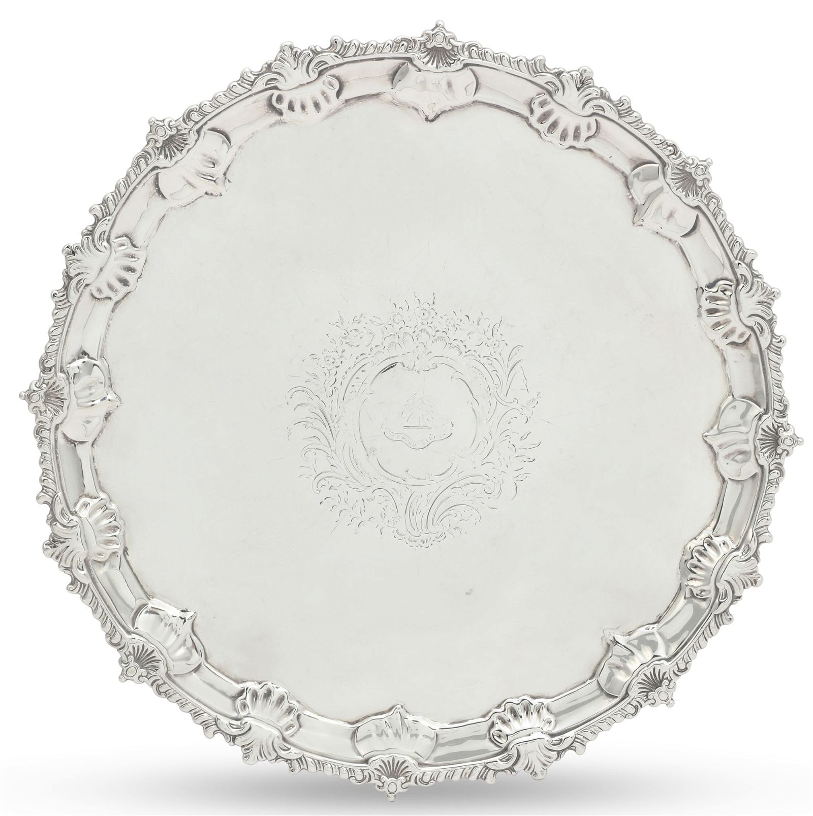 A GEORGE III SILVER FOOTED SALVER,