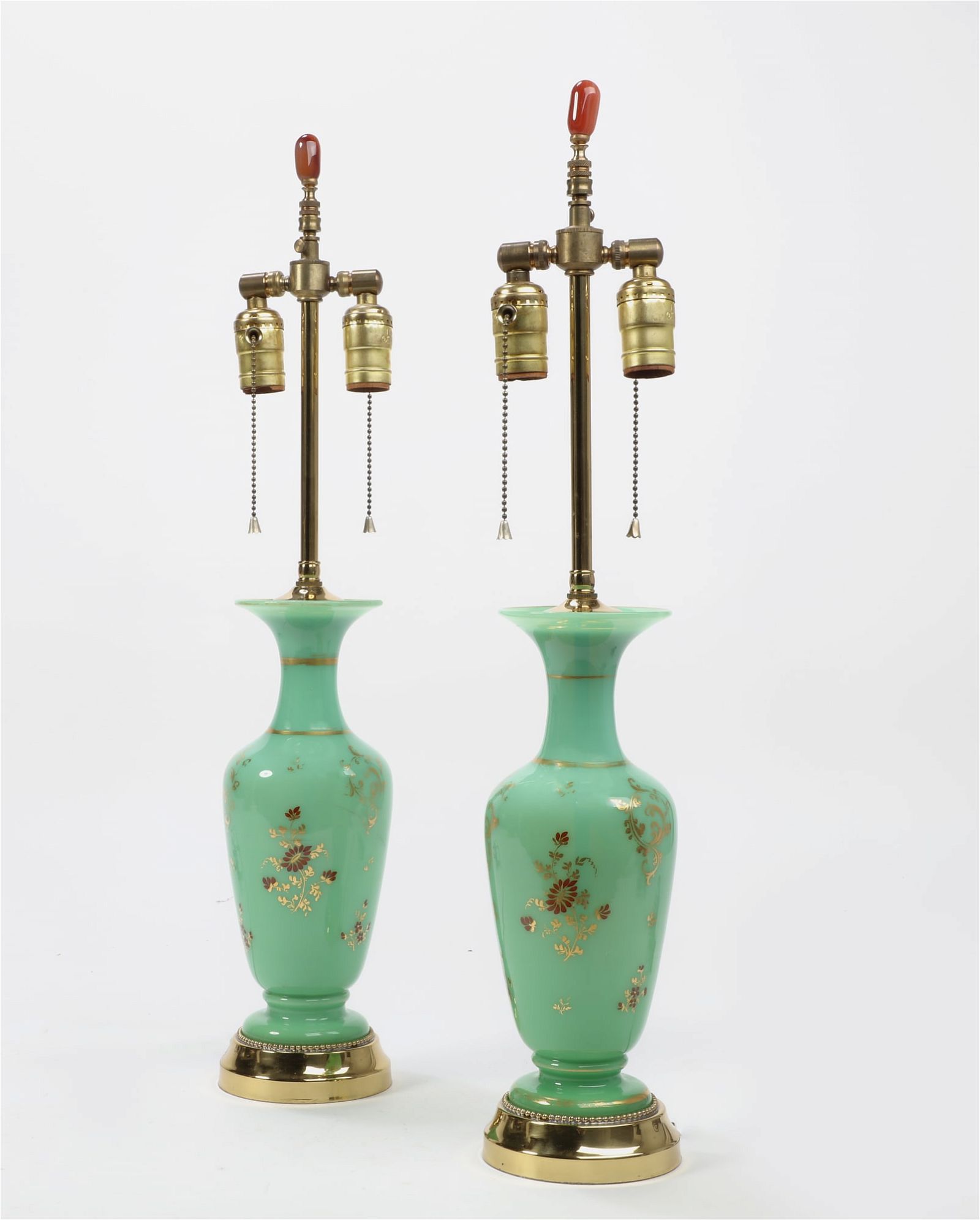 A PAIR OF GREEN OPALINE GLASS VASES