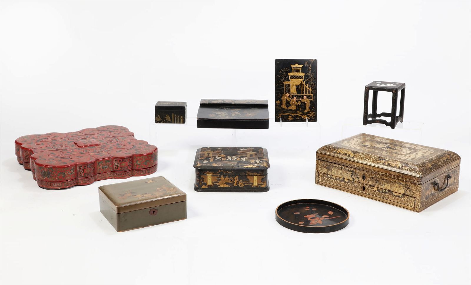NINE EAST ASIAN LACQUER BOXES AND