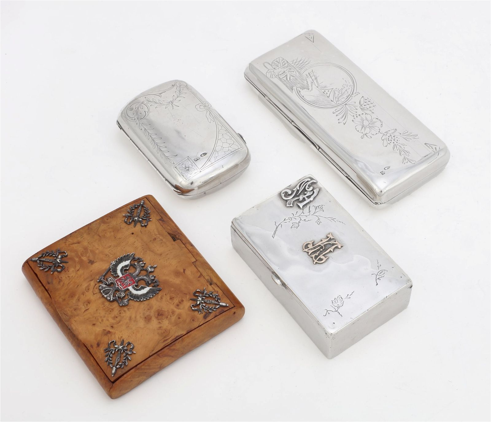 FOUR RUSSIAN SILVER AND METALWARE