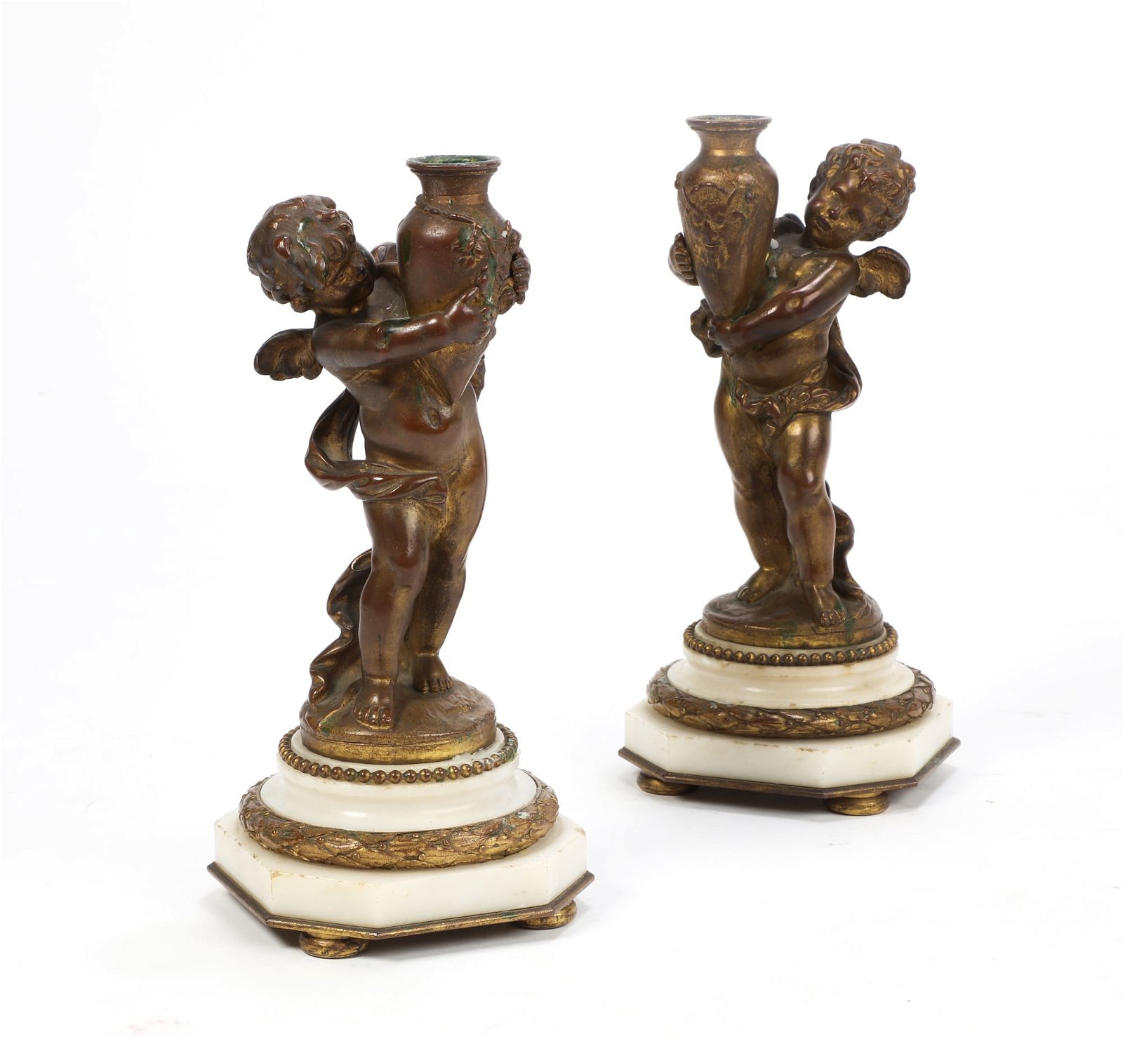A PAIR OF FRENCH BRONZE AND MARBLECANDLESTICKSA