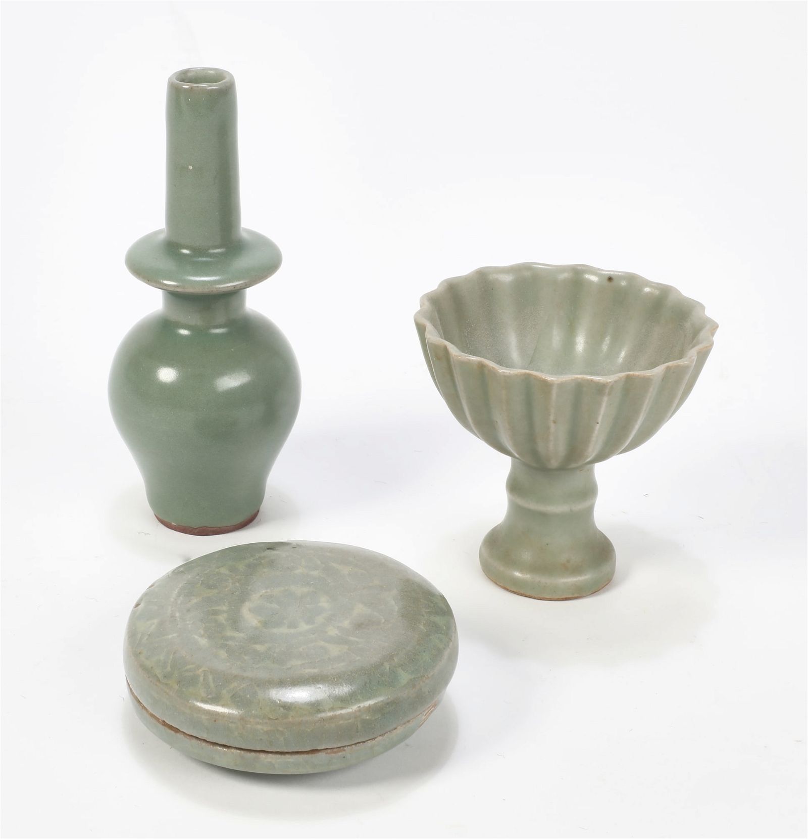 THREE CELADON GLAZED PORCELAINSThree