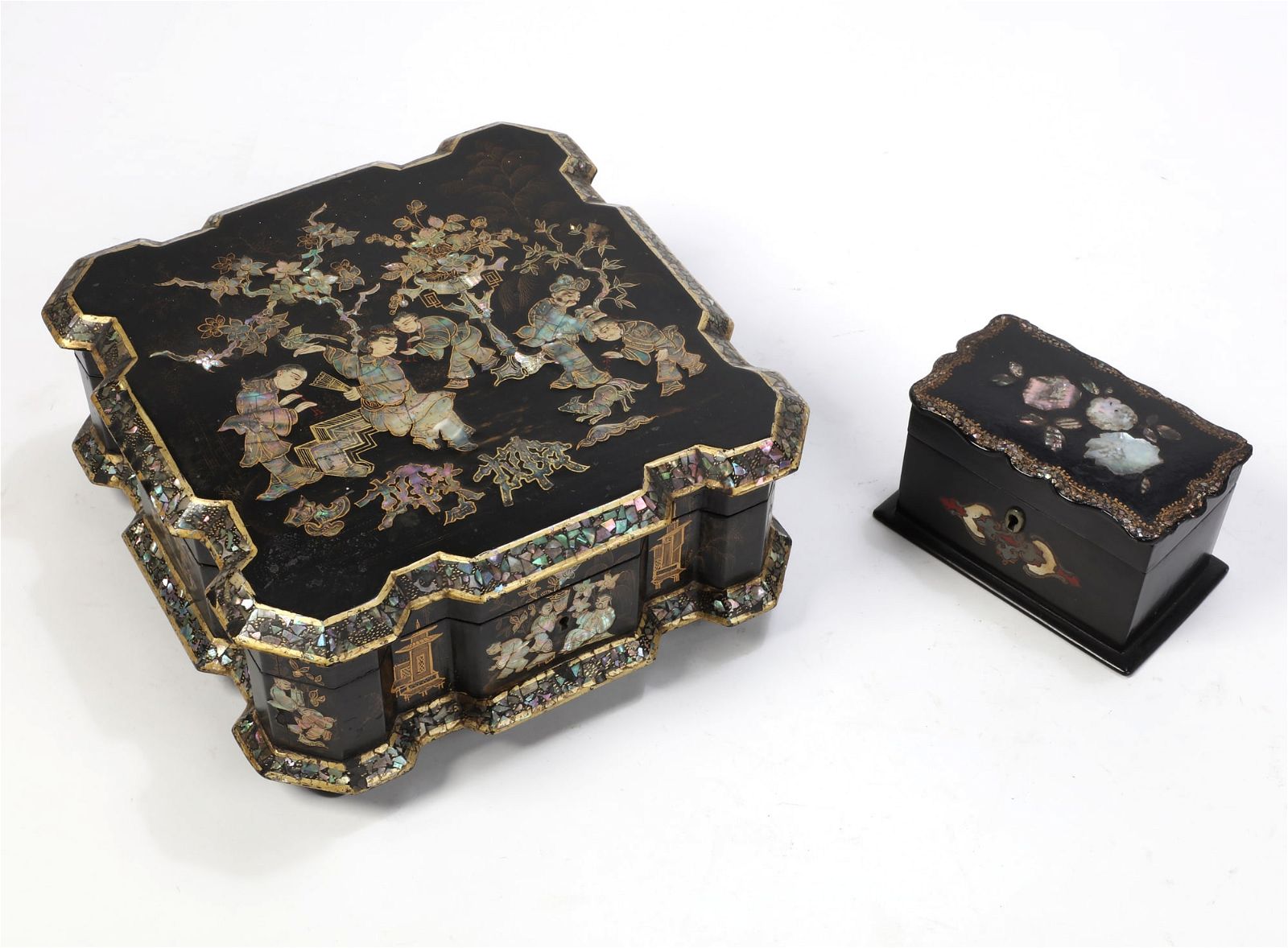 TWO VICTORIAN SHELL INLAID PAPIER-MACHE