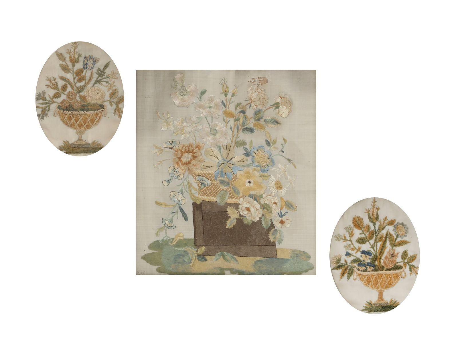 THREE ENGLISH SILKWORK FLORAL STILL