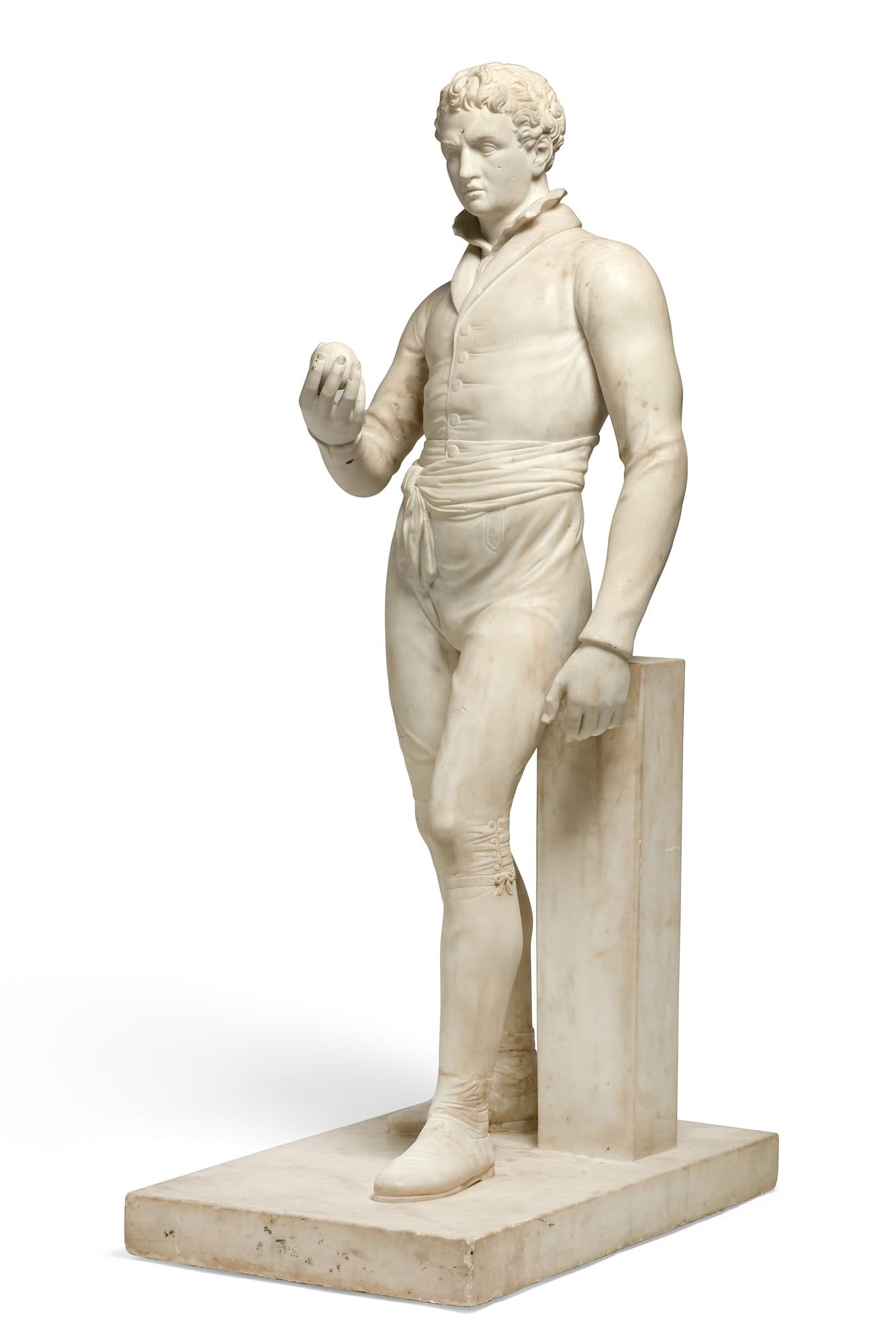 WHITE MARBLE MODEL OF A BOWLER, PROBABLY