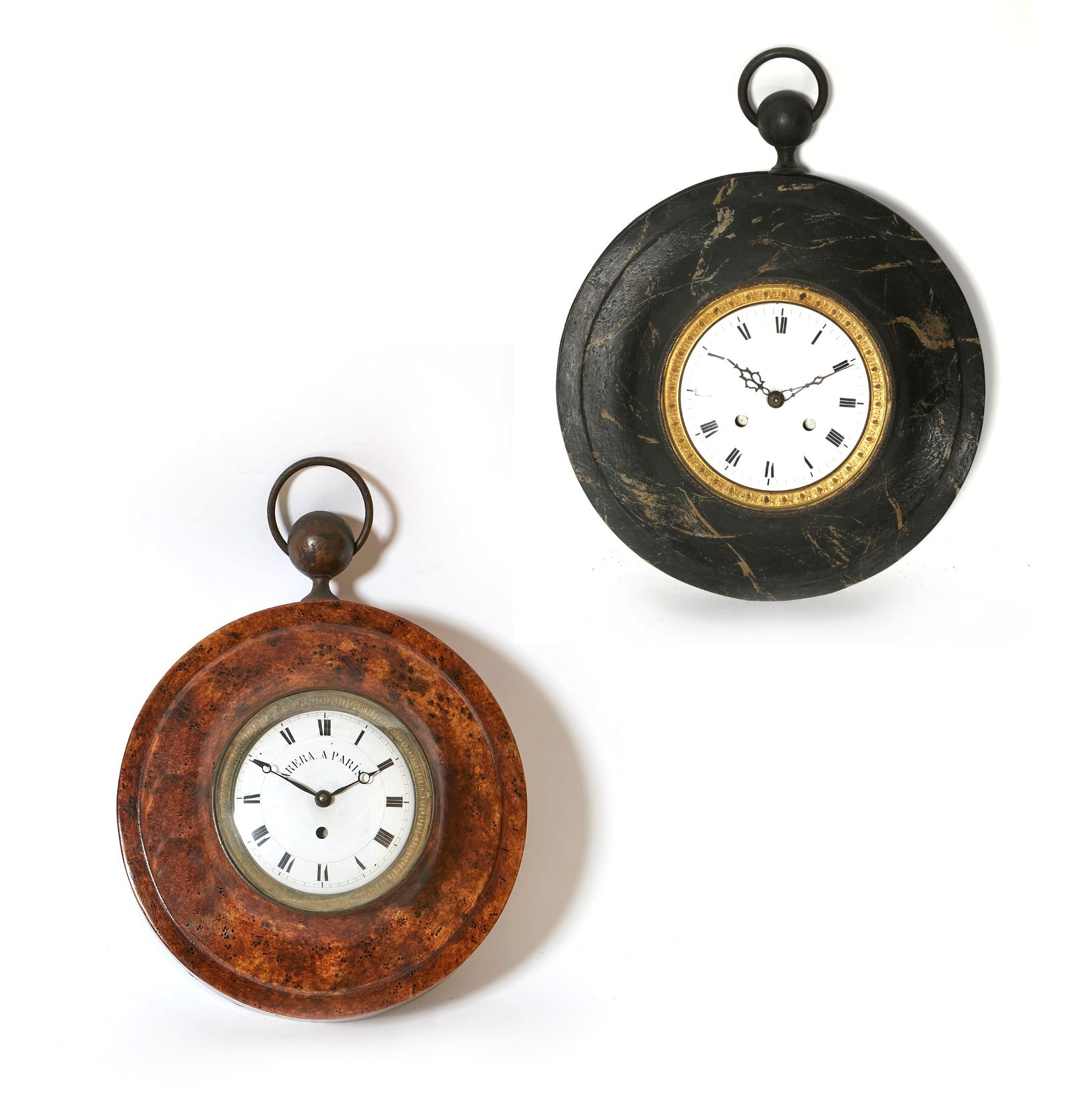 TWO FRENCH PAINTED TOLE WALL CLOCKSTwo