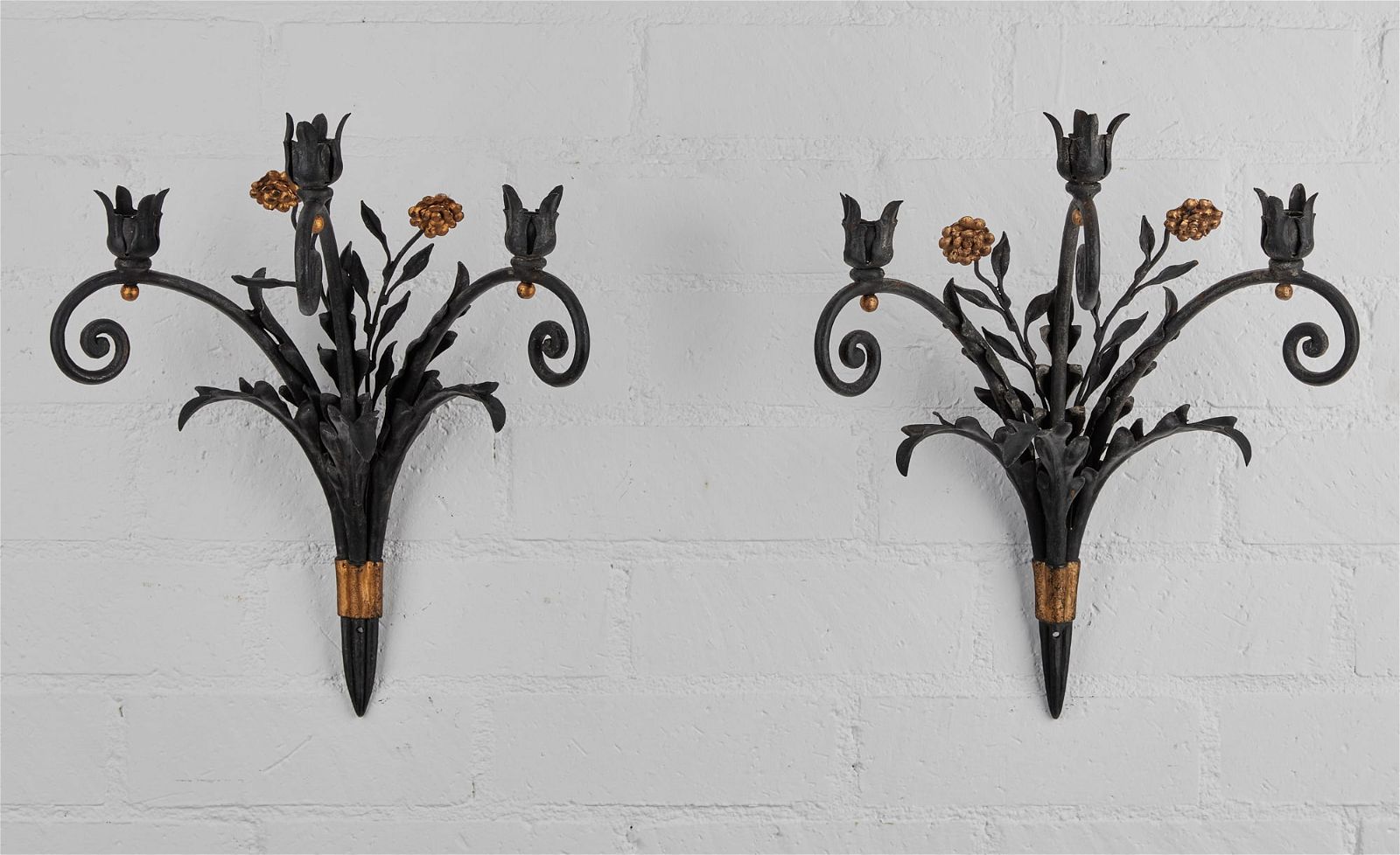 A PAIR OF WROUGHT IRON THREE BRANCH