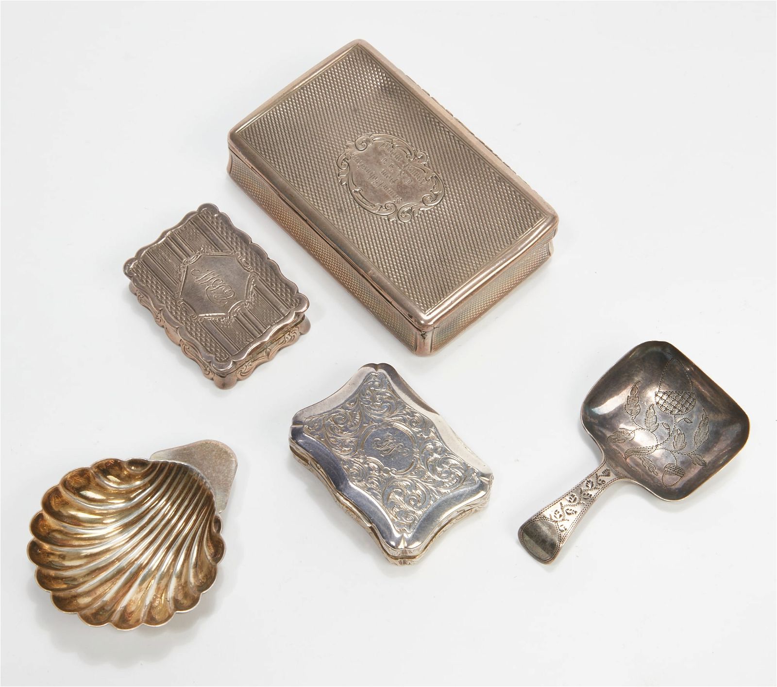 FIVE ENGLISH STERLING SILVER BOXES