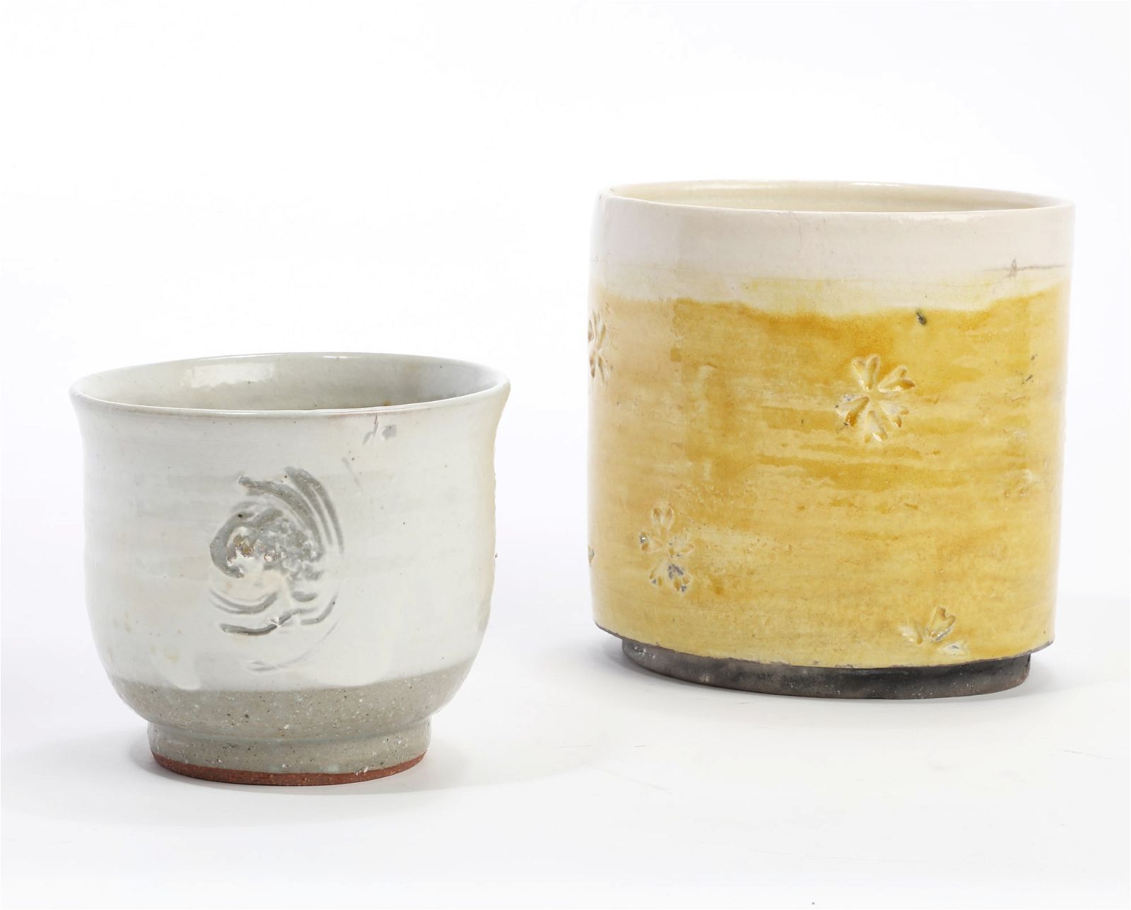 TWO GLAZED CERAMIC POTS, YELLOW