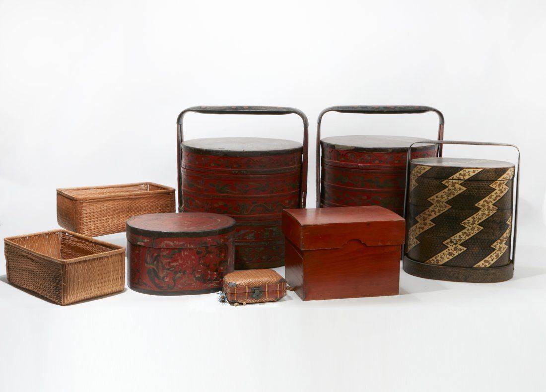 SEVEN ASIAN LACQUERED AND WOVEN