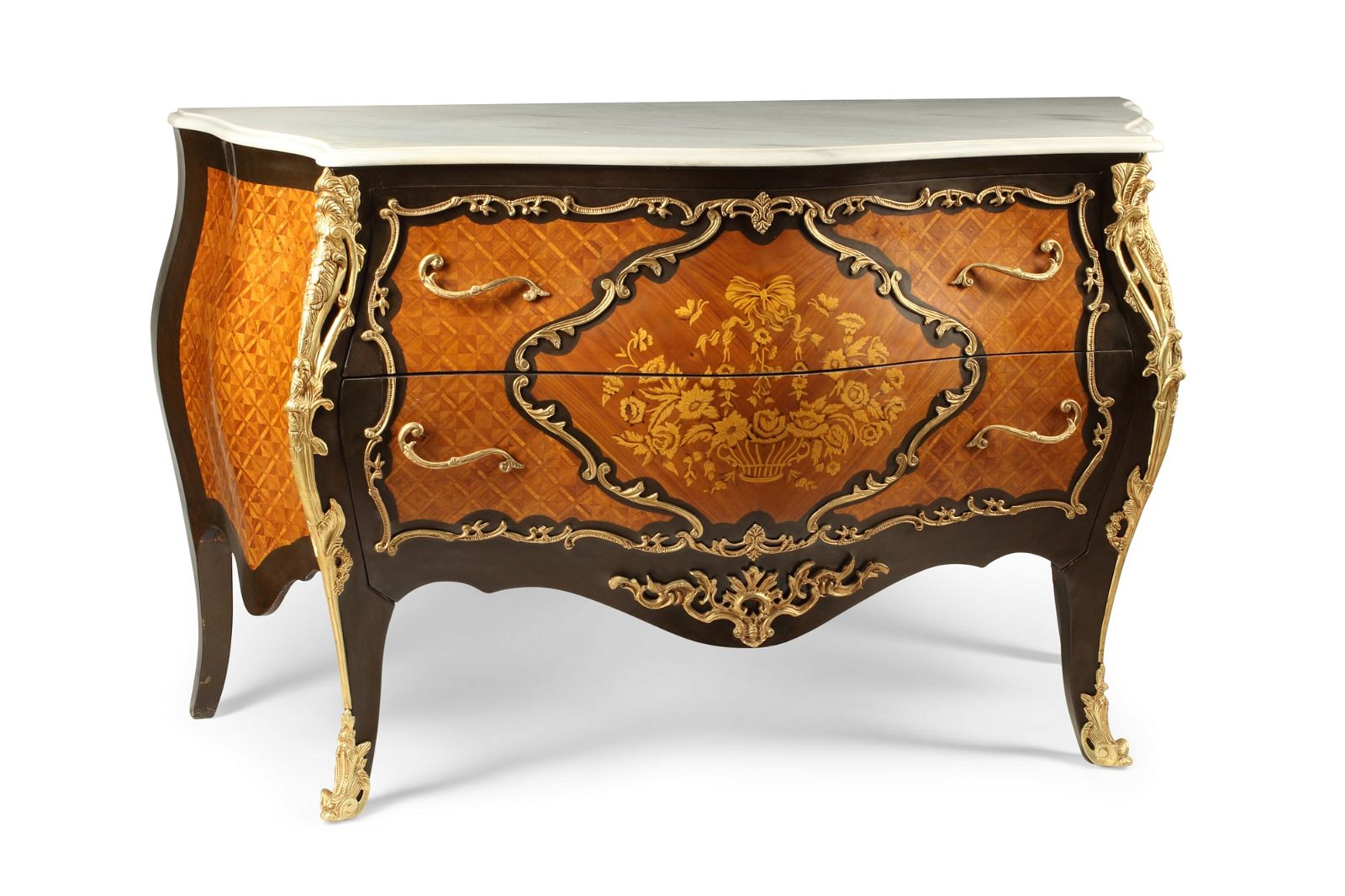 A LOUIS XV STYLE MARQUETRY COMMODEA