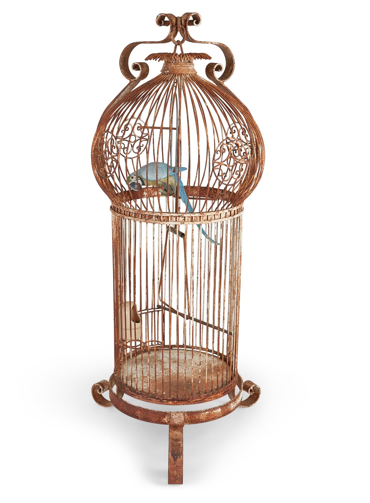 A WHITE PAINTED METALWORK BIRDCAGE