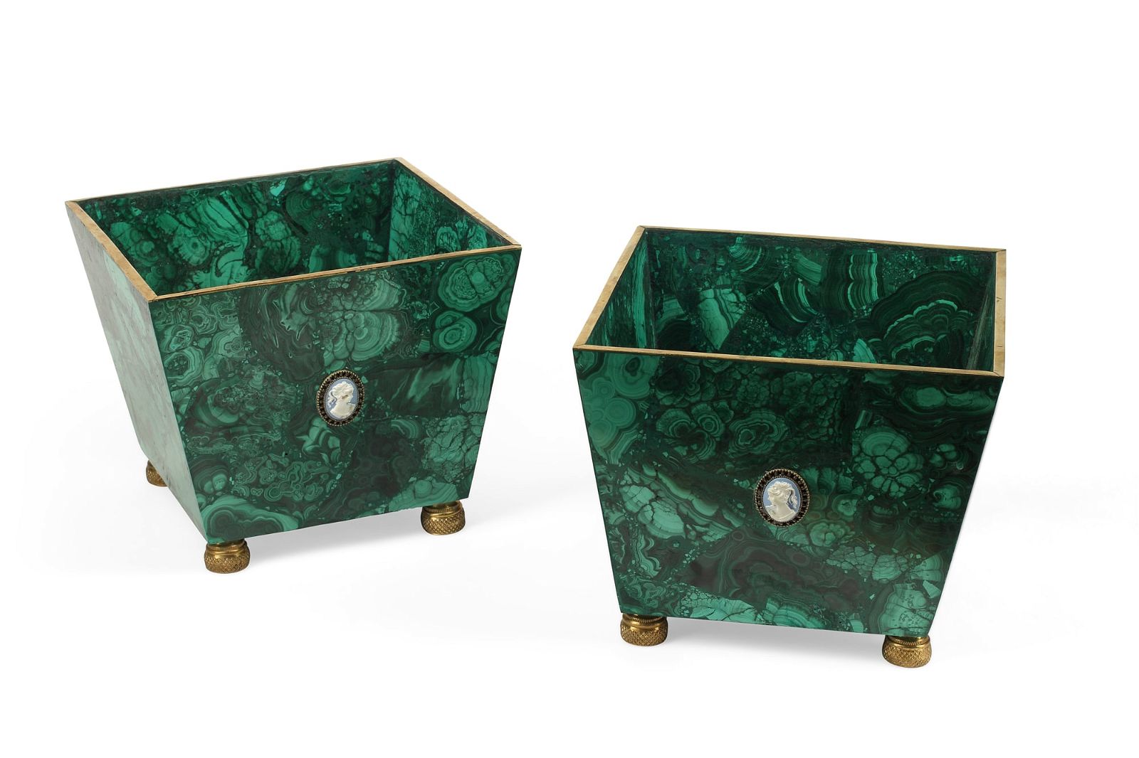 A PAIR OF GILT METAL AND MALACHITE