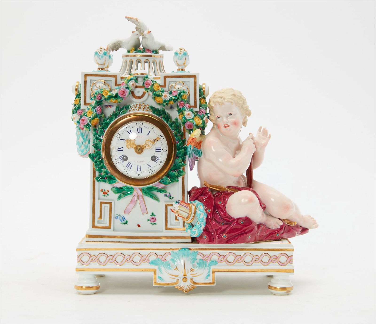 A MEISSEN PORCELAIN MANTEL CLOCKA