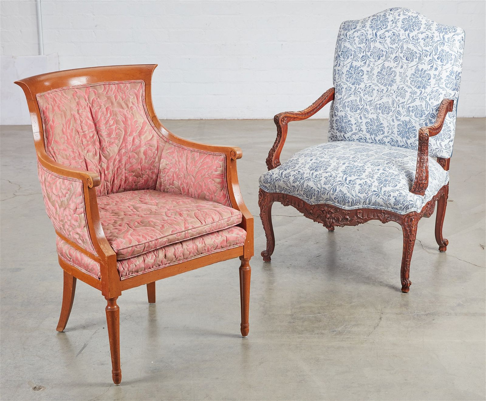 TWO FORTUNY UPHOLSTERED MIXED WOOD