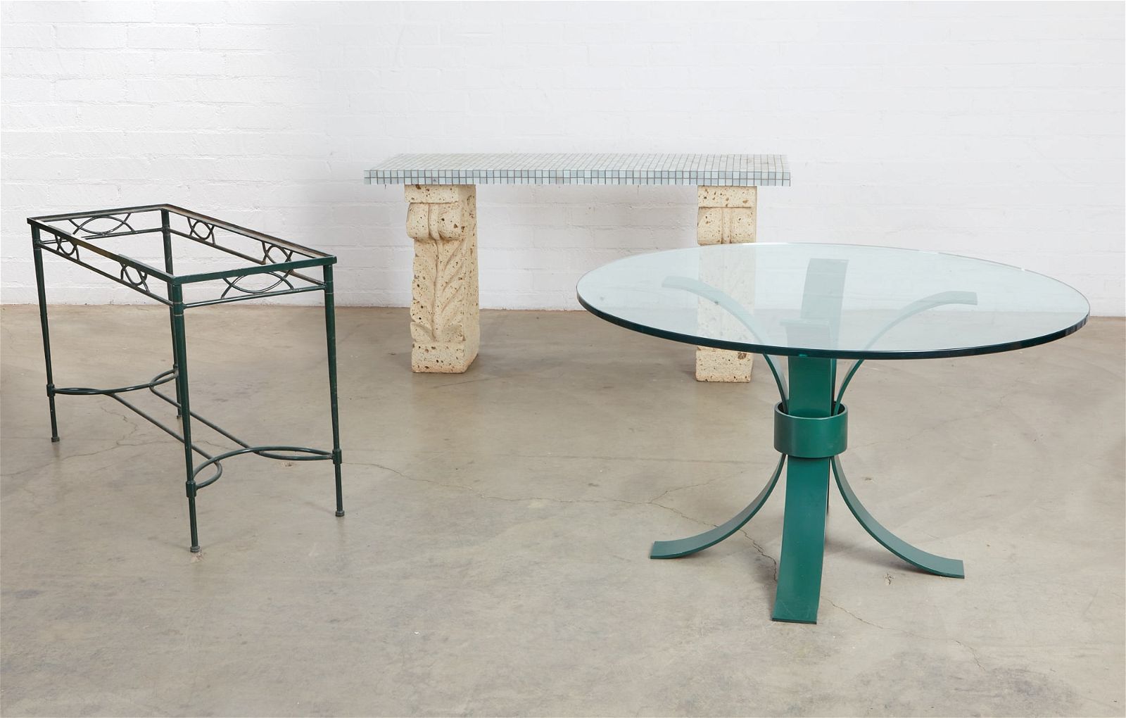A STONE AND GLASS TABLE, A TABLE