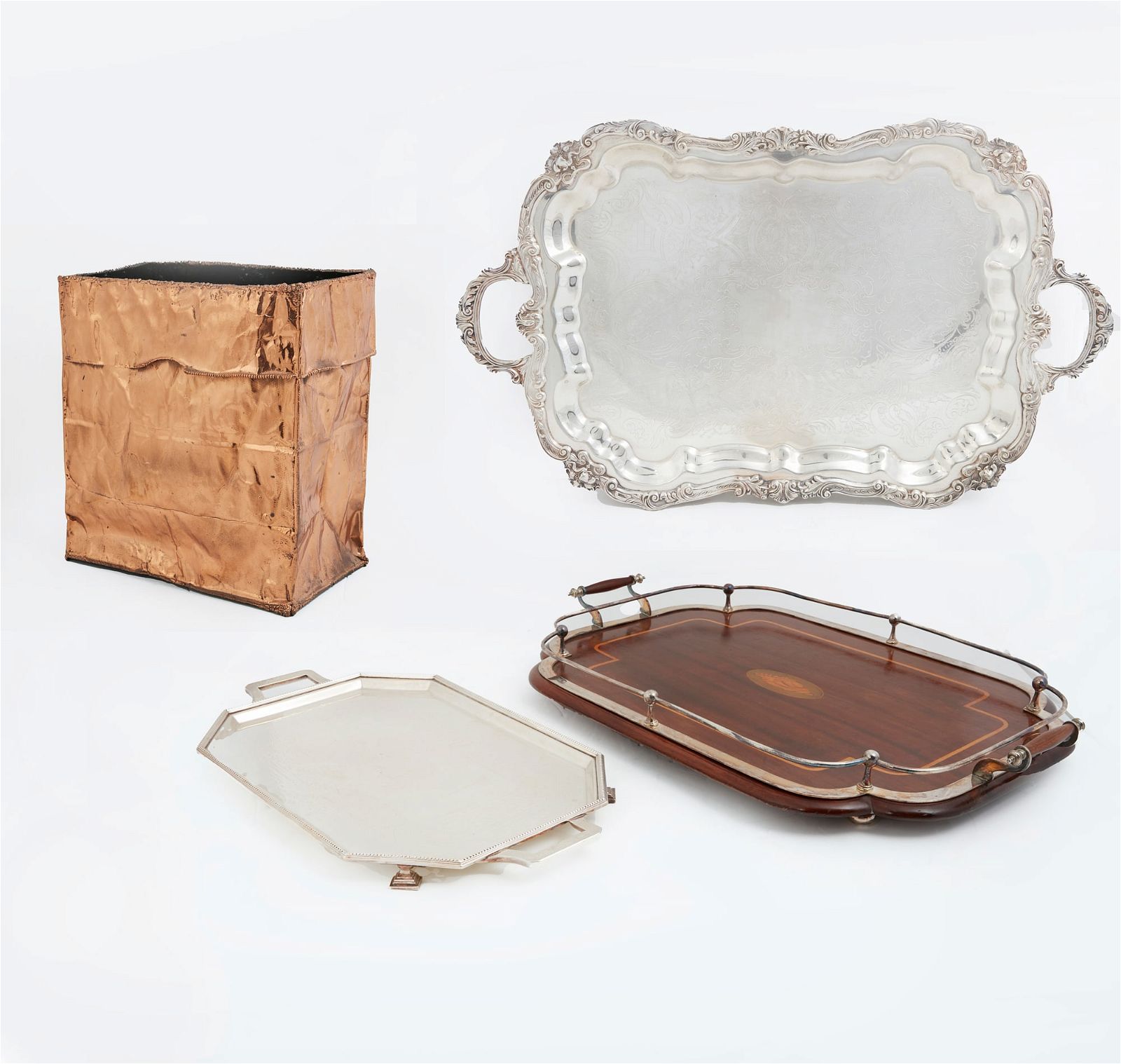 THREE SERVING TRAYS AND A COPPER
