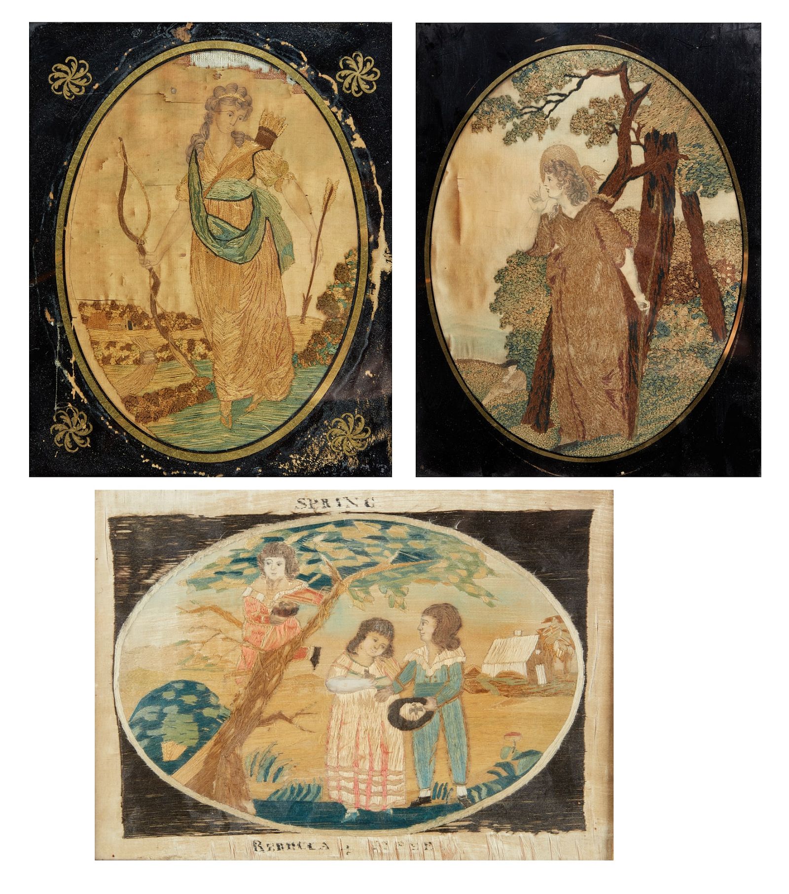 THREE ENGLISH SILKWORK PANELS,