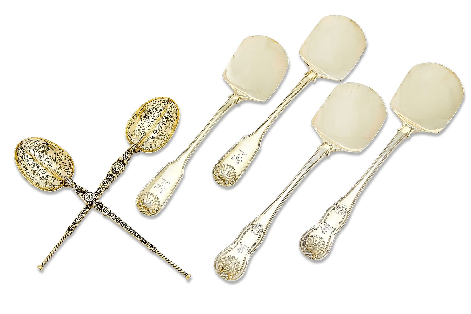 SIX ENGLISH STERLING SILVER GILT SPOONSSix