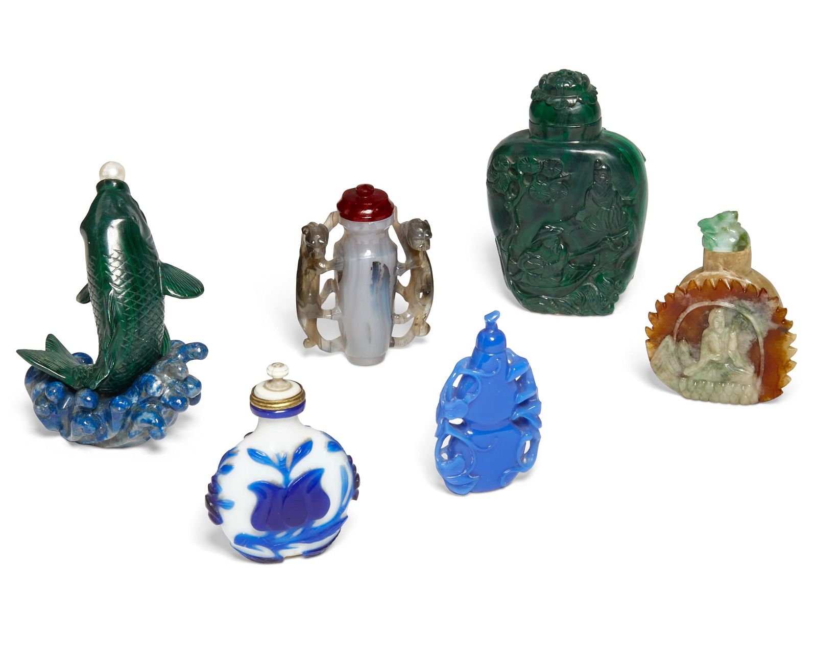 SIX CHINESE HARDSTONE AND GLASS