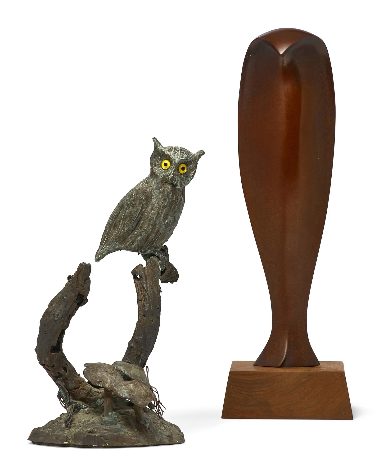 TWO BRONZE MODELS OF OWLS, 20TH