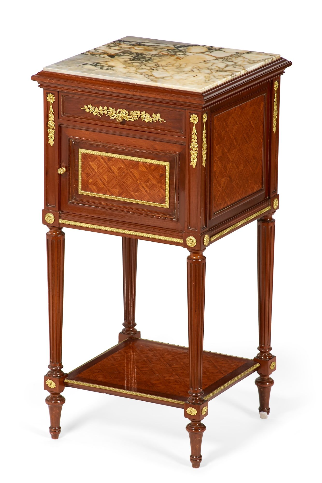 A FRENCH MAHOGANY AND PARQUETRY