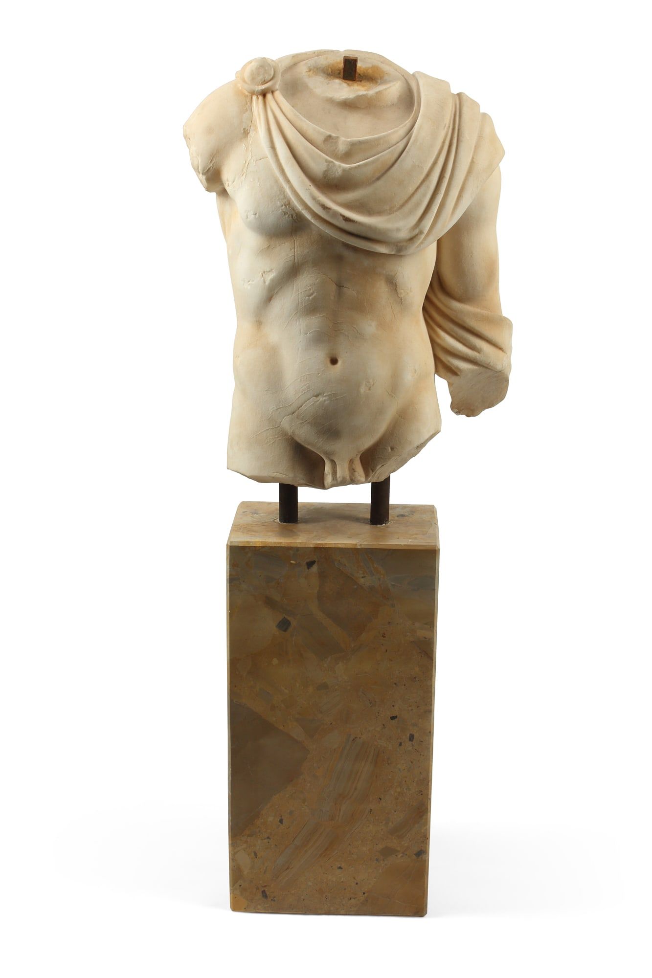 A ROMAN STYLE CARVED TORSO ON MARBLE
