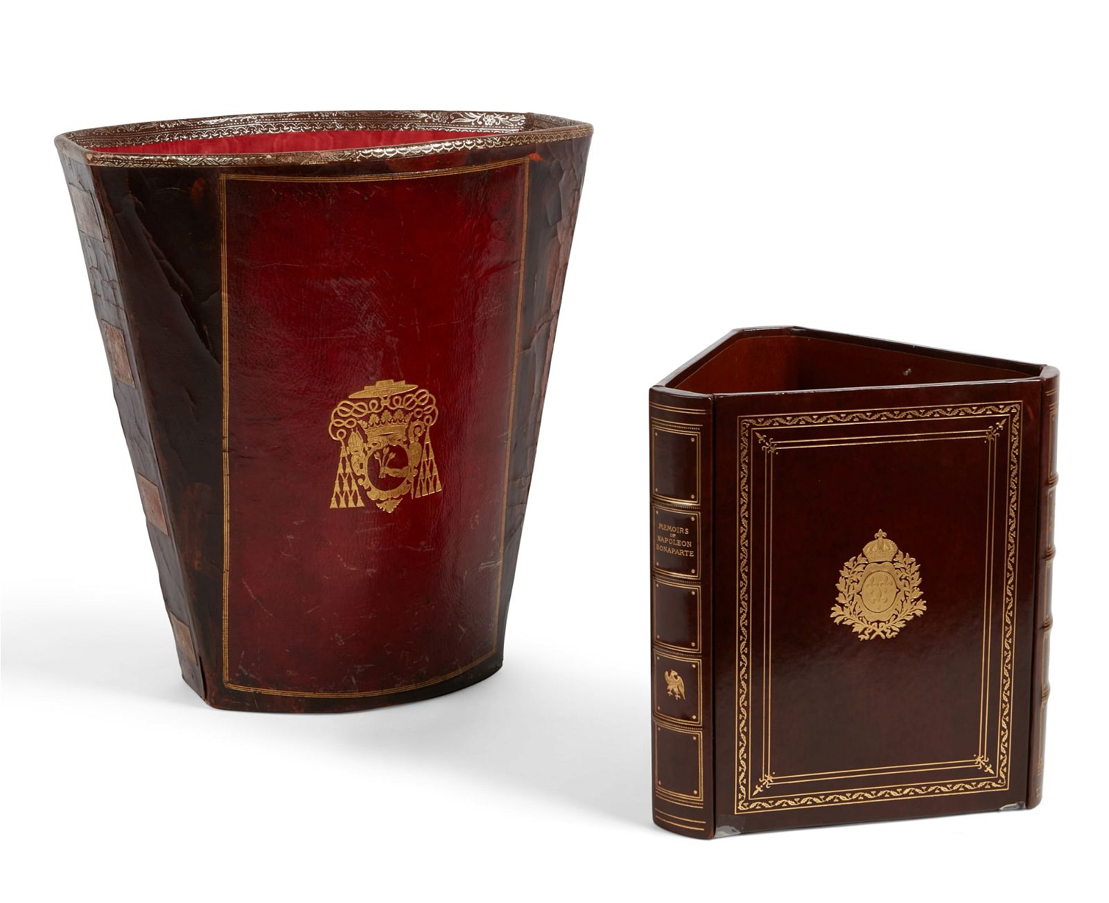 TWO GILT TOOLED LEATHER WASTE BINS,