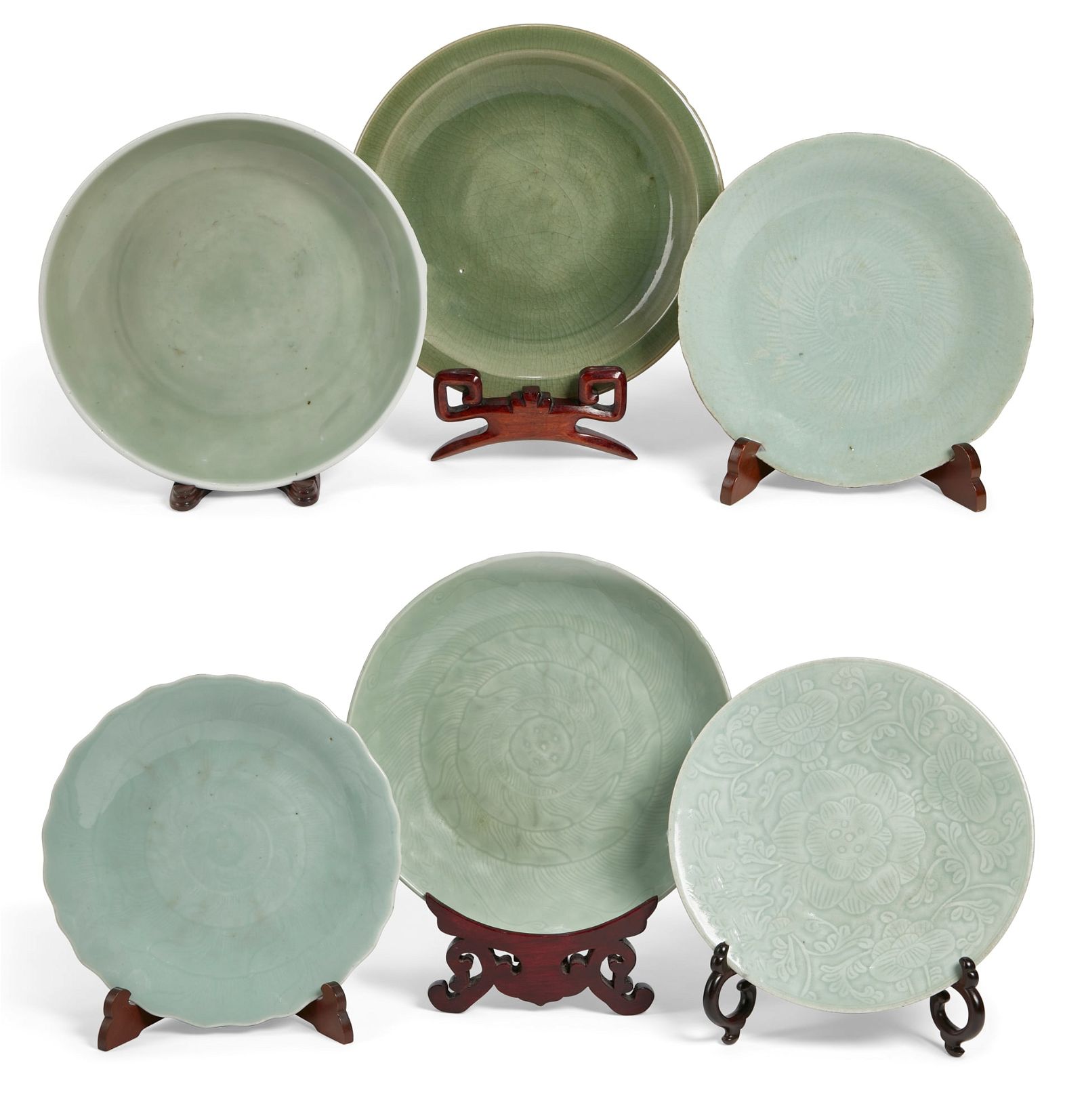 SIX CHINESE CELADON CHARGERS AND