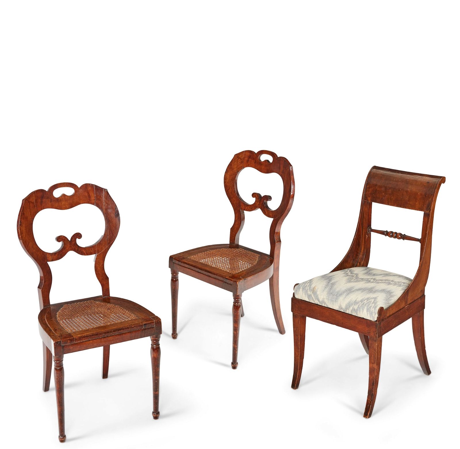 THREE CONTINENTAL WALNUT SIDE CHAIRSThree