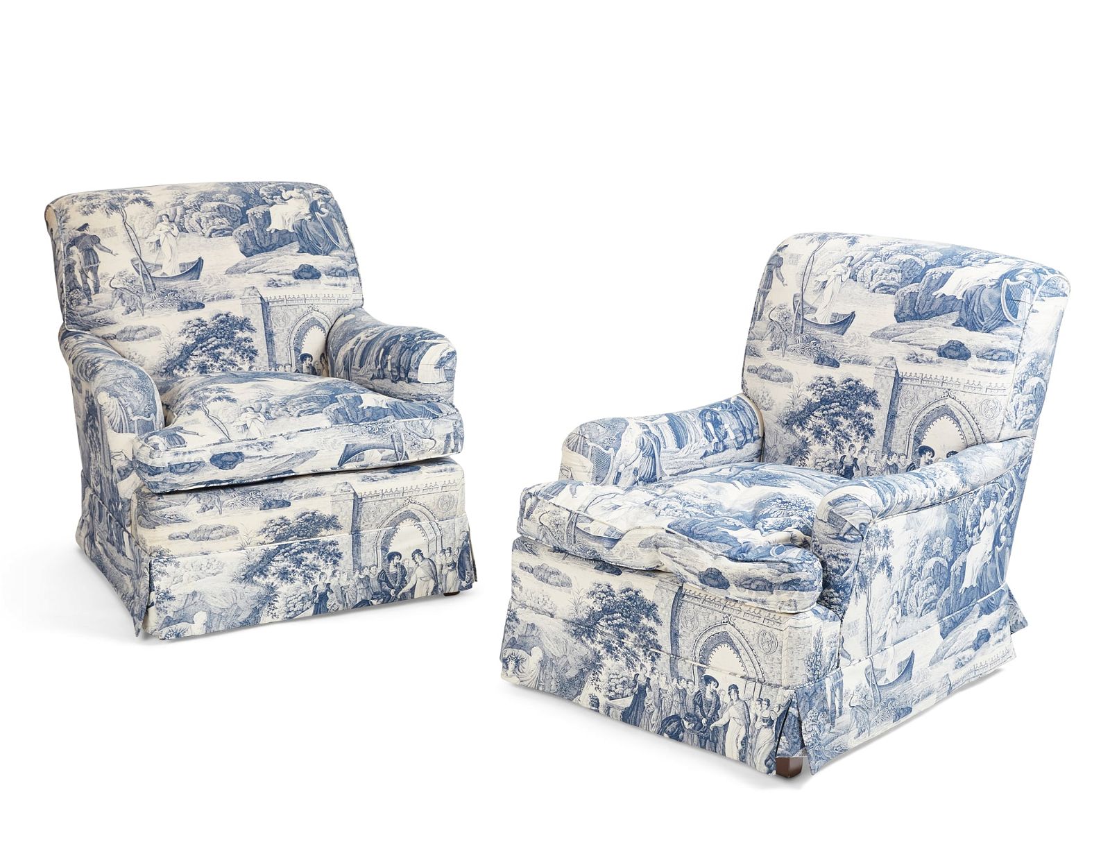 A PAIR OF BLUE AND WHITE UPHOLSTERED