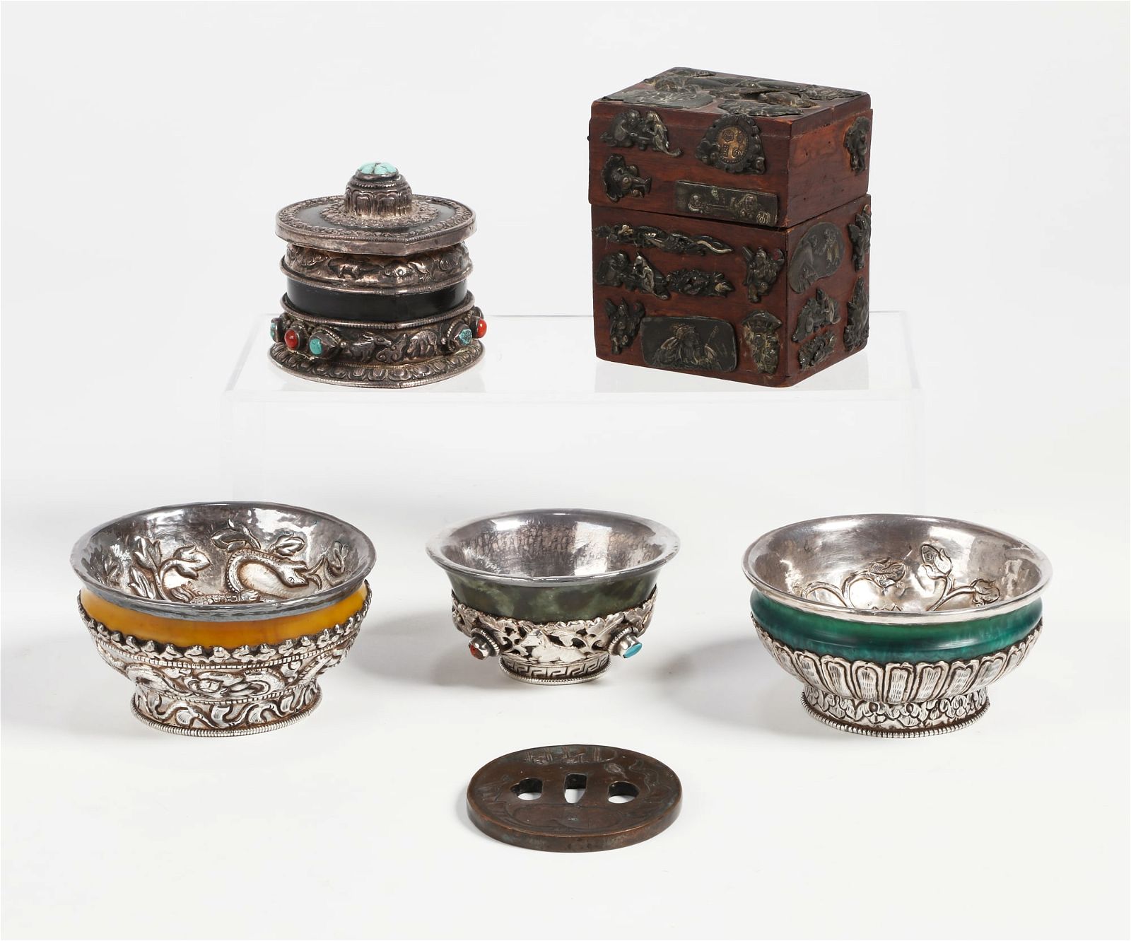 SIX ASIAN PREDOMINANTLY METALWARE