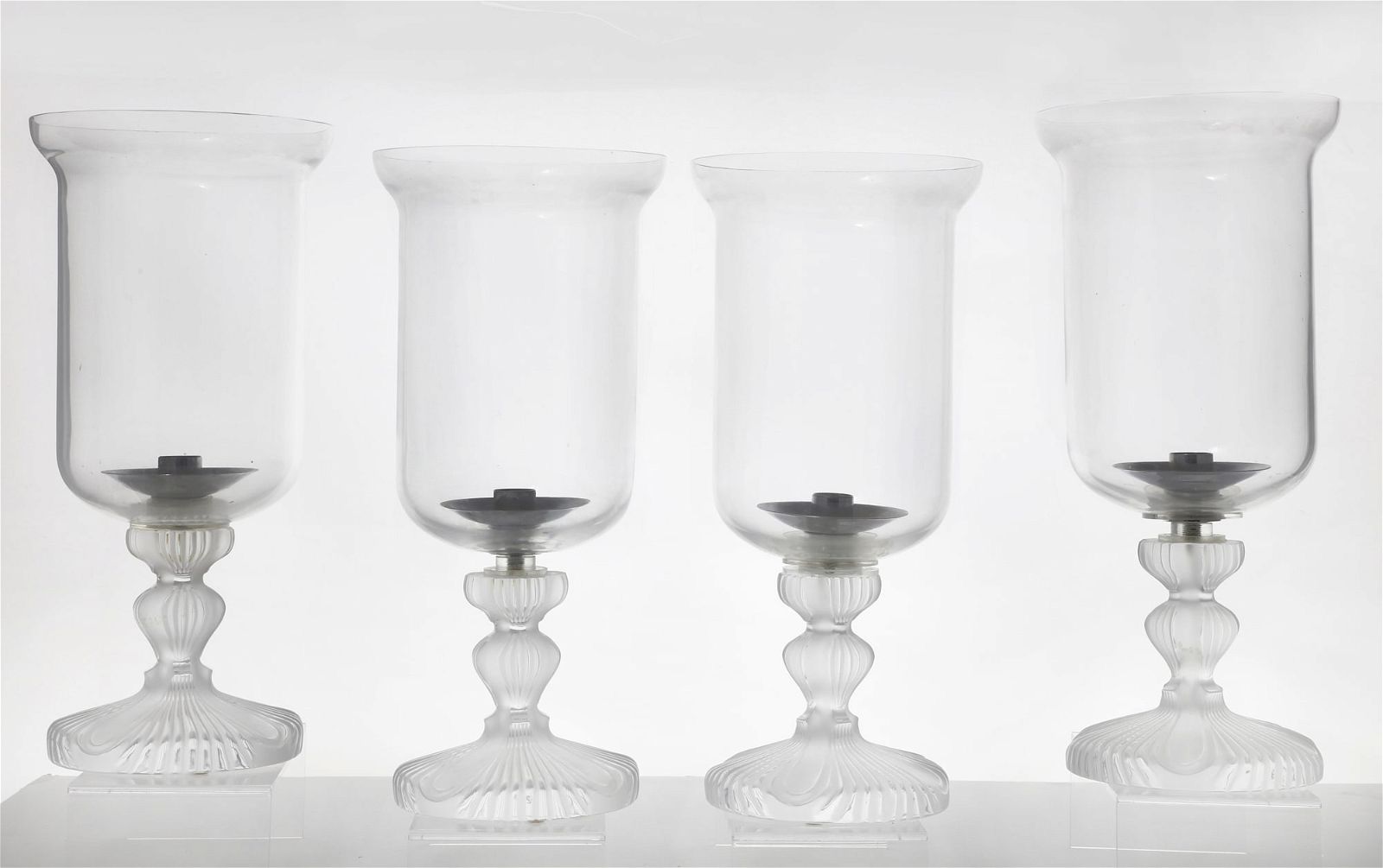 FOUR LALIQUE GLASS HURRICANE LAMPSA
