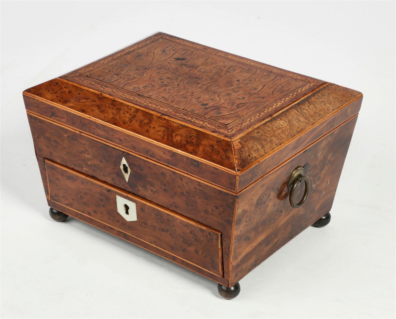 AN ENGLISH INLAID YEWWOOD WORKBOX,