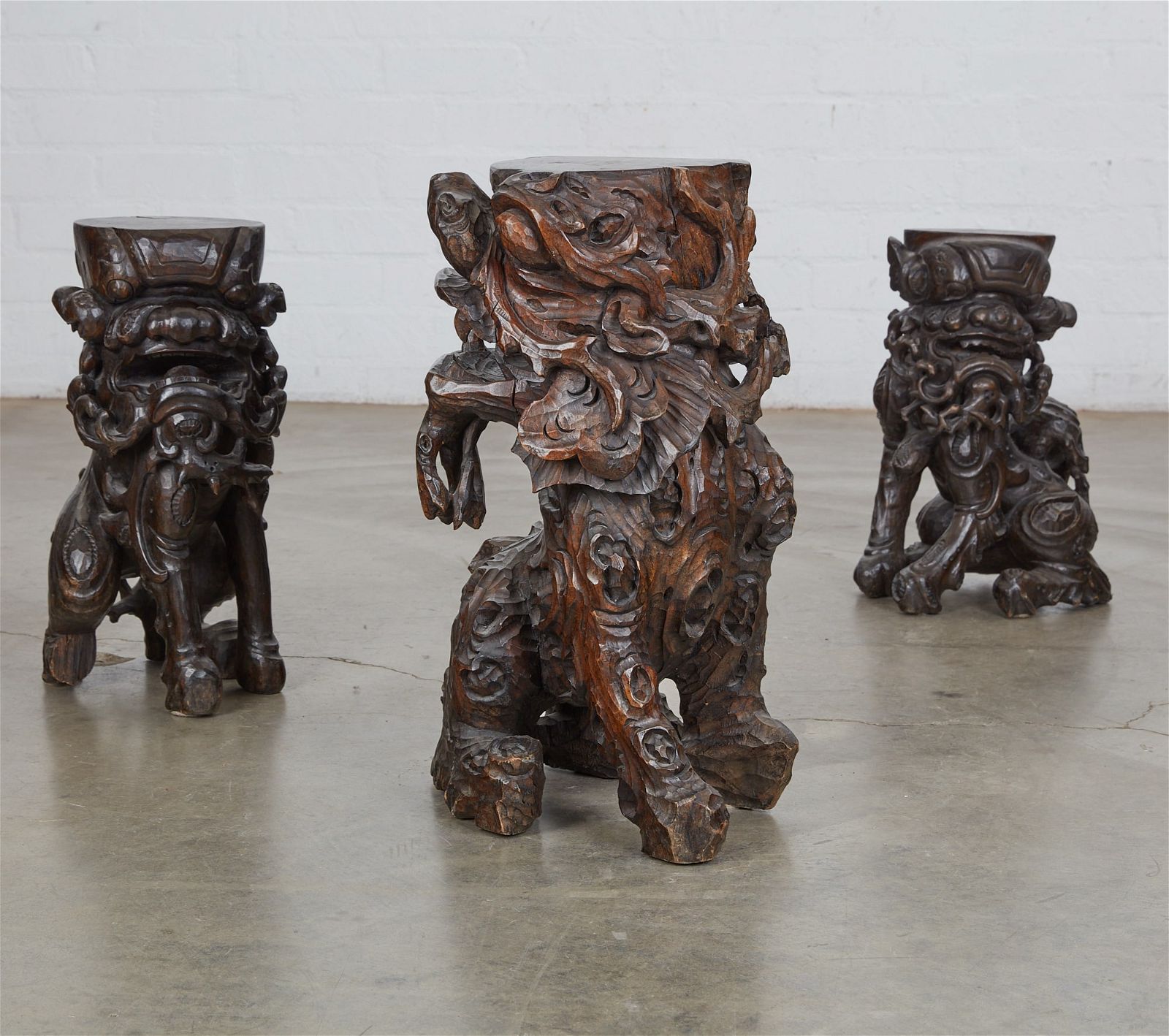 THREE CARVED WOOD MODELS OF FOO