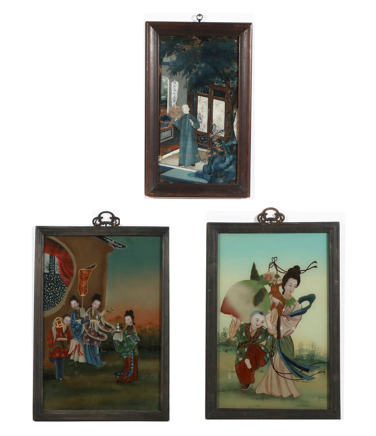 THREE CHINESE REVERSE PAINTINGS ON GLASSThree