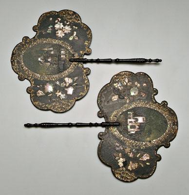 Pair inlaid fans: cartouche shaped