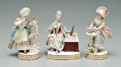 Three Meissen figurines: lady dealing