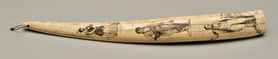 Walrus tusk scrimshaw, three figures: