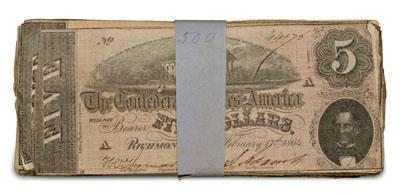 Bank pack, 100 Confederate $5 notes: