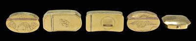 Five brass snuff boxes: one oval