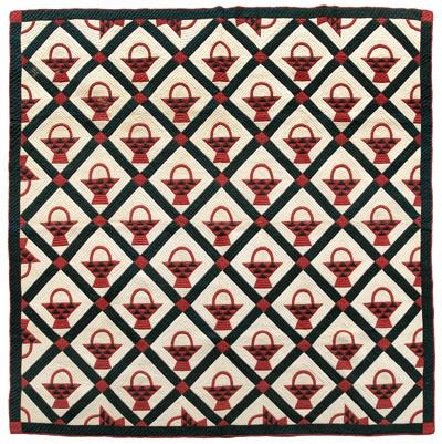 Appliqued and pieced basket quilt, red