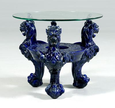 Cobalt blue majolica stand, three griffin