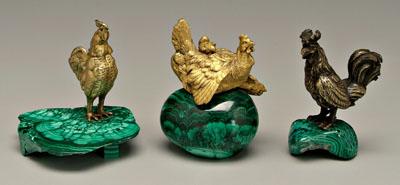 Three gilt bronze roosters: crowing